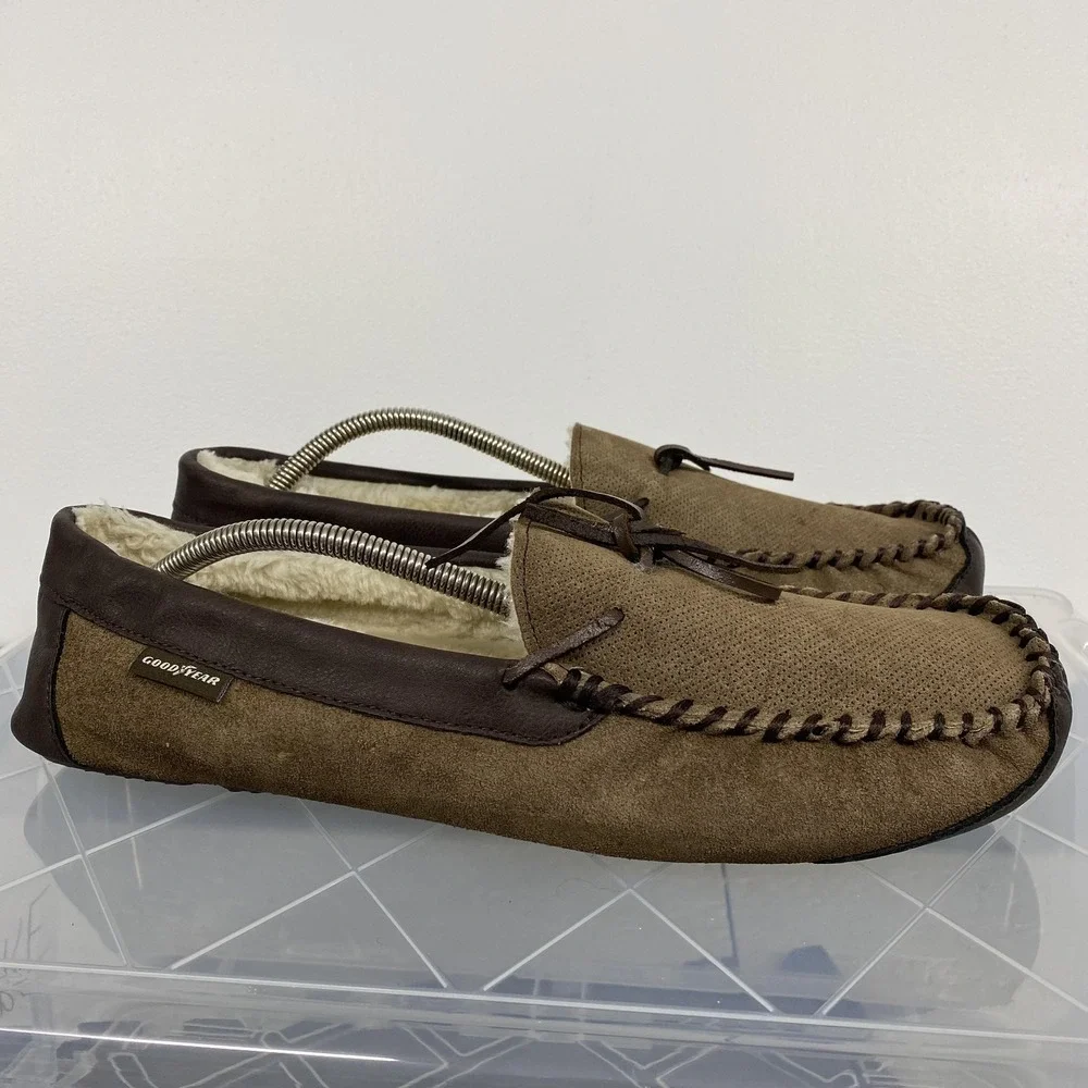 Goodyear‎ Slippers Shoes Mens Size 10 Brown Suede Moccasin Faux Fur Lined Indoor